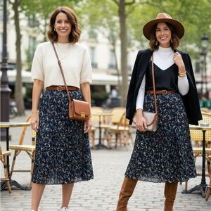 Floral blue pleated high wasted A Line skirt XS